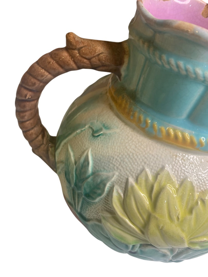 Samuel Lear Majolica Pitcher Water Pond Lily Rope Antique Victorian Chips