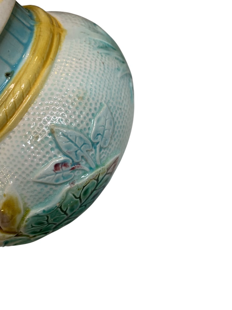 Antique Majolica Lily Pond Lidded Jar Blue Yellow Flower