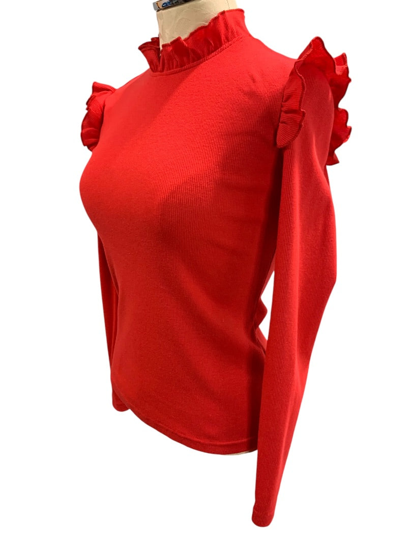 XS Womens Red Ribbed Ruffle Shoulder Shirt Long Sleeve Knit