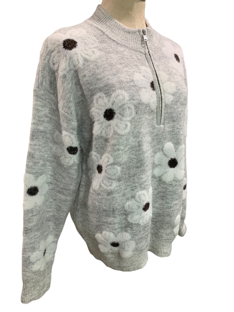 XL Womens Quarter Zip Pullover Gray Daisy Sweater