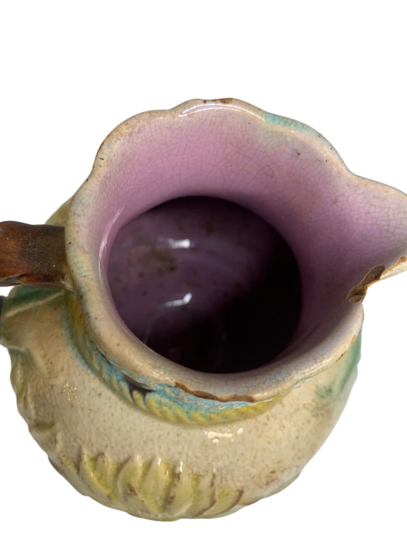 Antique Majolica Water Lily Pond Rope Pitcher Pottery 5 Inch