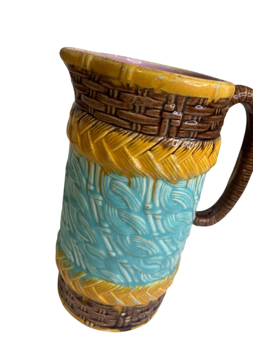 Antique Majolica Basket Weave Cable Pitcher Pottery 7.5 Inch Vibrant
