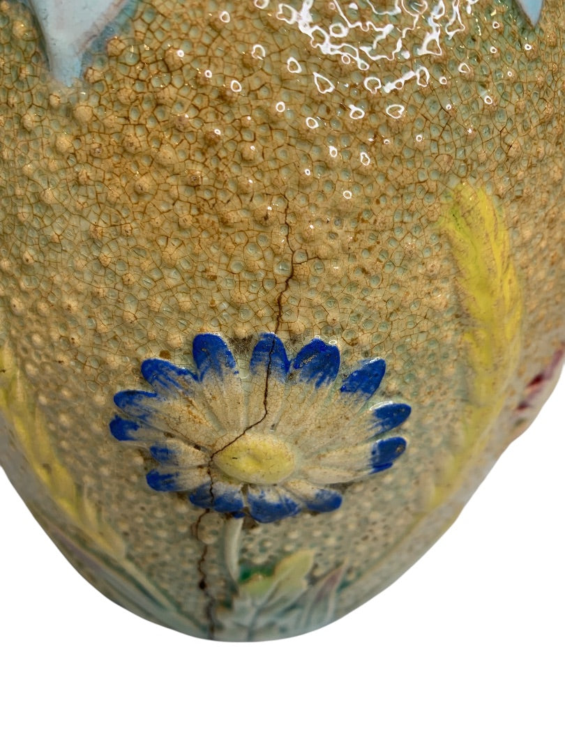 Antique Majolica Pitcher Pottery Wildflower Blue Bow Flower 7.5 Inch