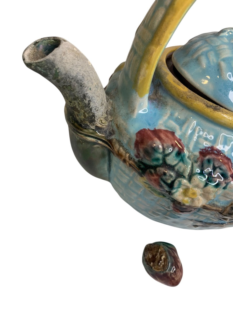 Antique Majolica Strawberry and Basket Teapot for Repair Broken