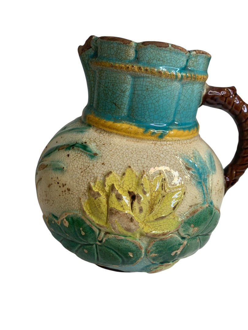 Antique Majolica Water Lily Pond Rope Pitcher Pottery 7 Inch Vibrant