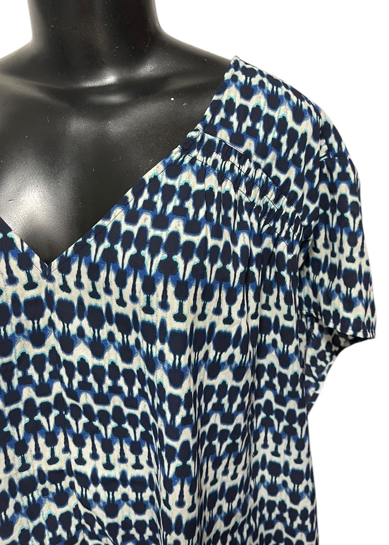 Size 24W Sejour Capsleeve V-Neck Womens Geometric Patterned Shirt Blouse Blue