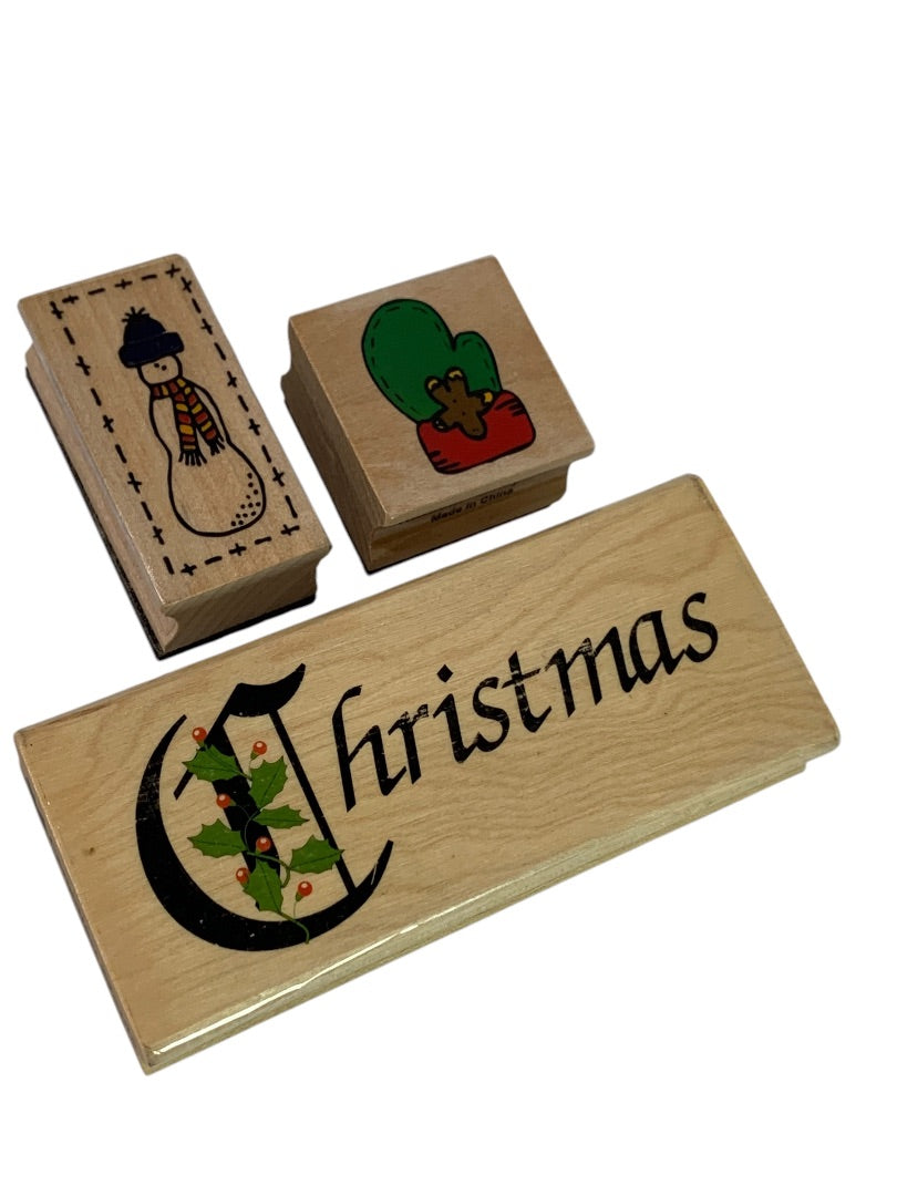 Lot of 3 Rubber Stamps Holiday Winter Christmas Mitten Snowman