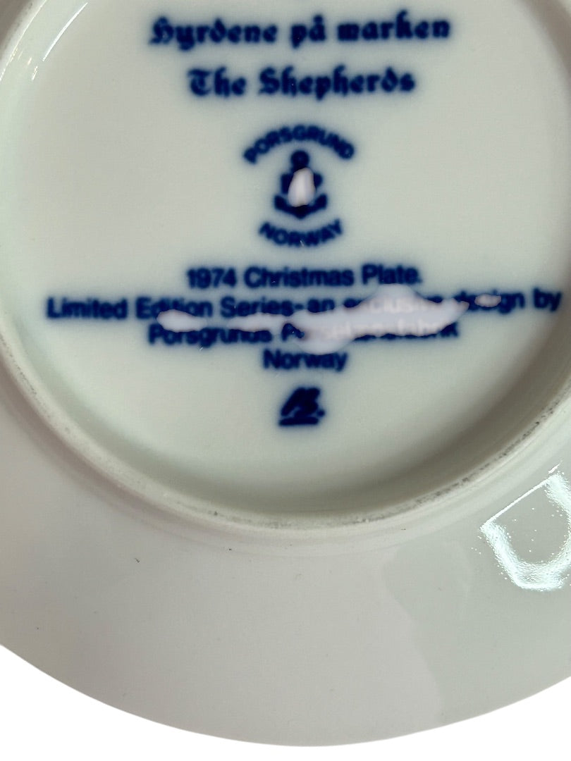 Porsgrund Norway Christmas Plate The Shepherds Julen 1974 Blue 7"