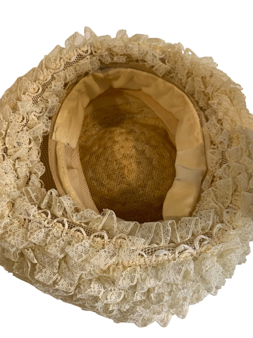 1950s Ruffled Ivory Lace Hat Frilly 18 Inch XS