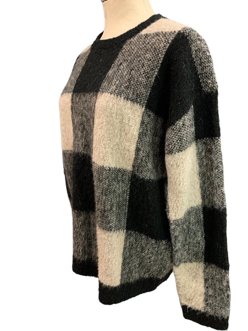 Large Lucky Brand Womens Wool Blend Sweater Buffalo Plaid Gray Black