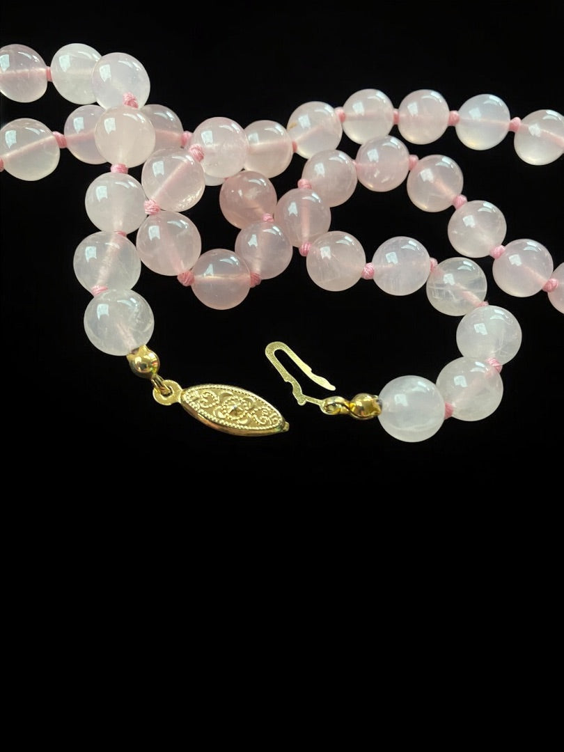 Vintage Rose Quartz Hand Knotted 24 Inch Necklace Fish Hook Intricate Clasp