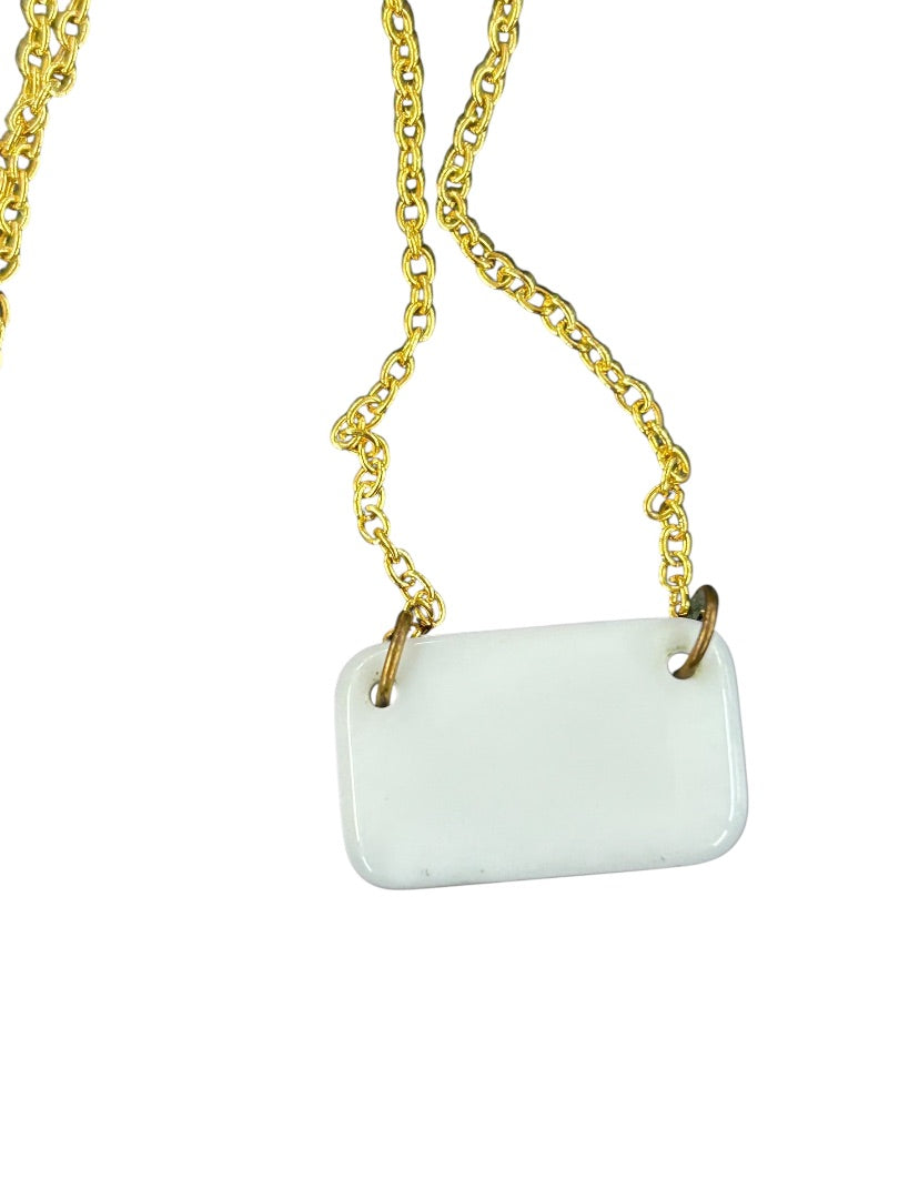 Goldtone Necklace White Rectangle Pendant 16 Inch Spring Closure