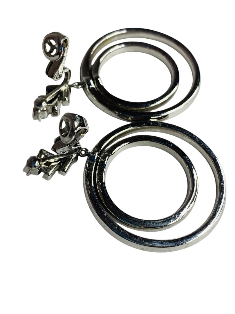 Signed Trifari Vintage Rhinestone Clip On Non-Pierced Earrings Circles 2.25" Drop