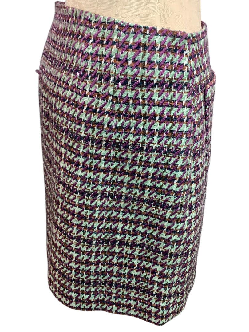 Size 2 Loft New Tweed Skirt Metallic Threading Pockets Side Zip Purple Green Brown