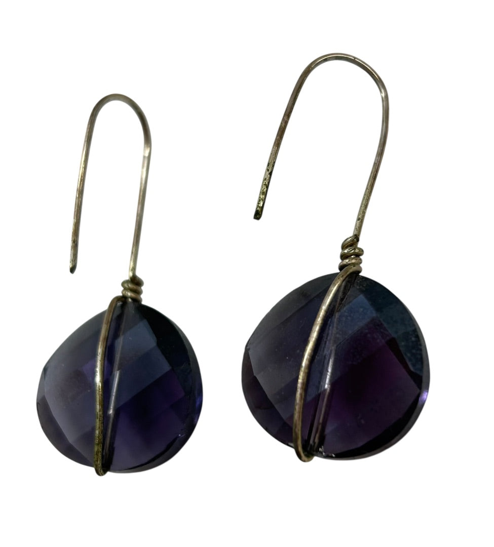Silvertone and Faceted Acrylic Purple Pierced Fishhook Earrings 1.5" Drop
