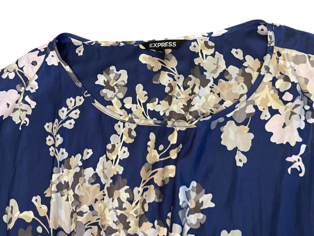 Large Express Floral Scoop Neck Elastic Waist Mini Dress Blue Pockets