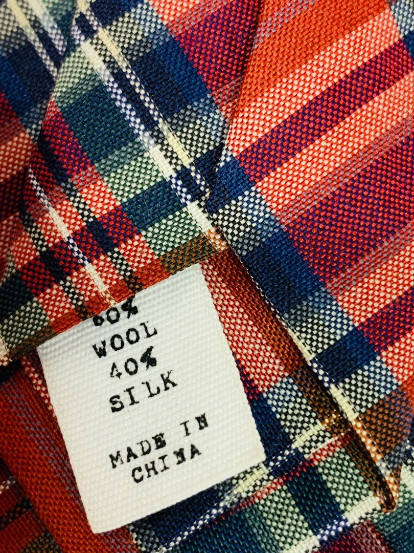 Public Opinion Mens Tie Necktie Red Plaid Wool Silk Blend 2.5" Width 58" Length