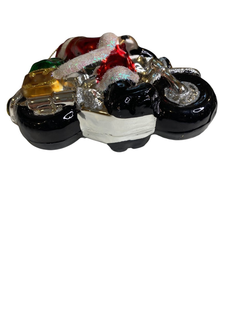 Handblown Glass Biker Santa Ornament Motorcycle Christmas 5" Length