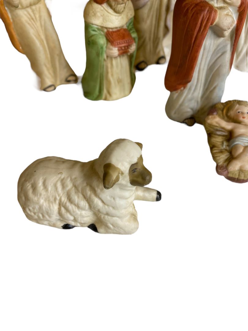 Vintage 10 Piece Ceramic Nativity Set Wise Men Sheep Jesus