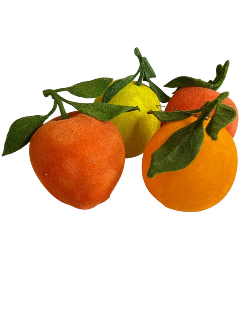 Vintage Flocked Velvet Fruit Set of 4 Ornaments Apples Orange 3 Inch
