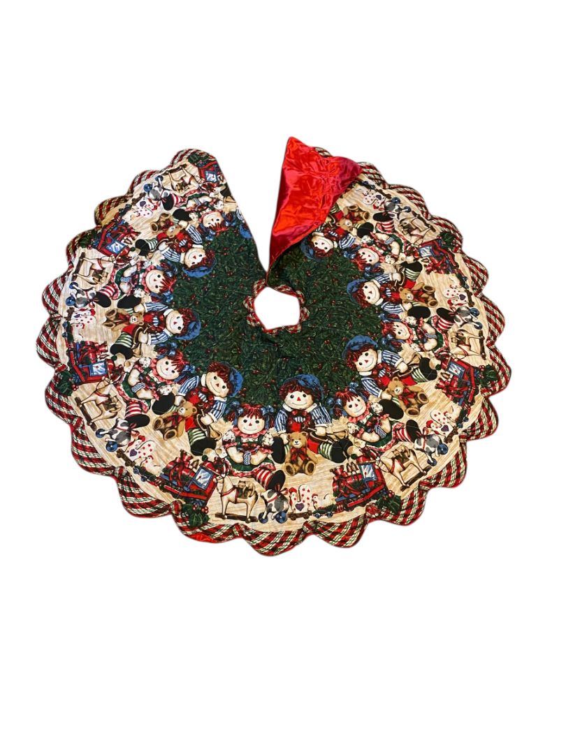 Vintage Christmas Tree Skirt Raggedy Ann Andy Quilted Fabric Christmas Tree Skirt 53" Red Satin Back