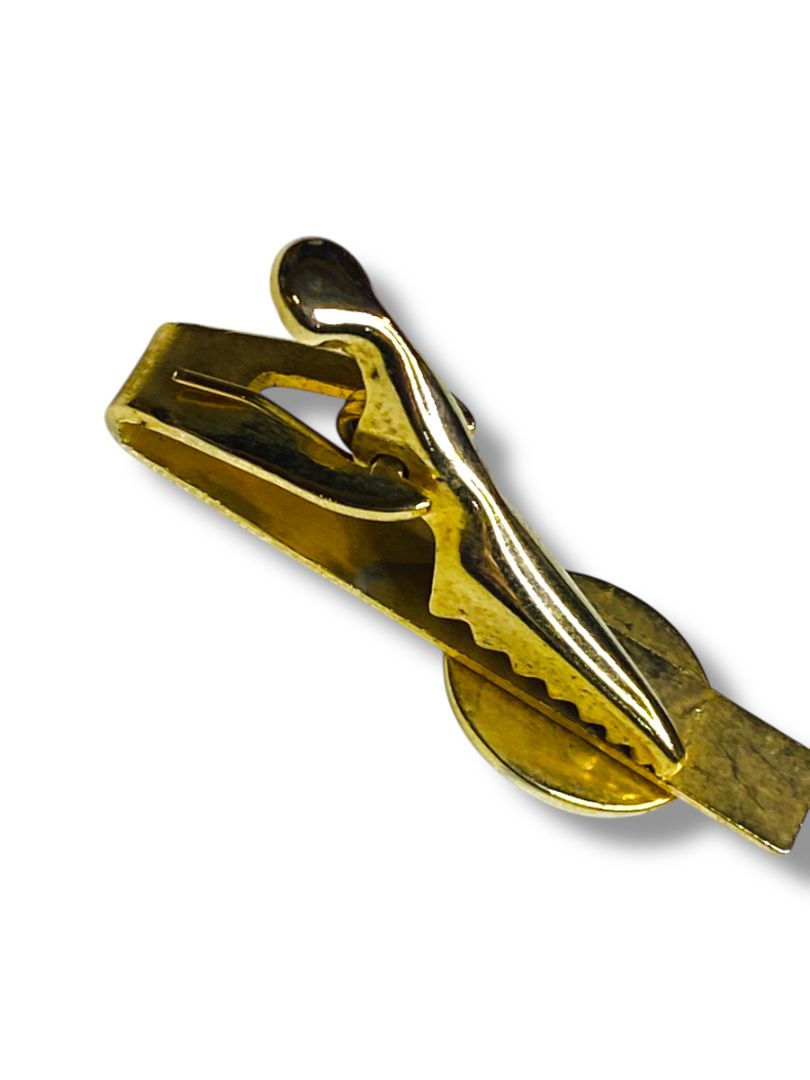 Vintage Tie Clasp Clip Goldtone Black Glass 1.5"