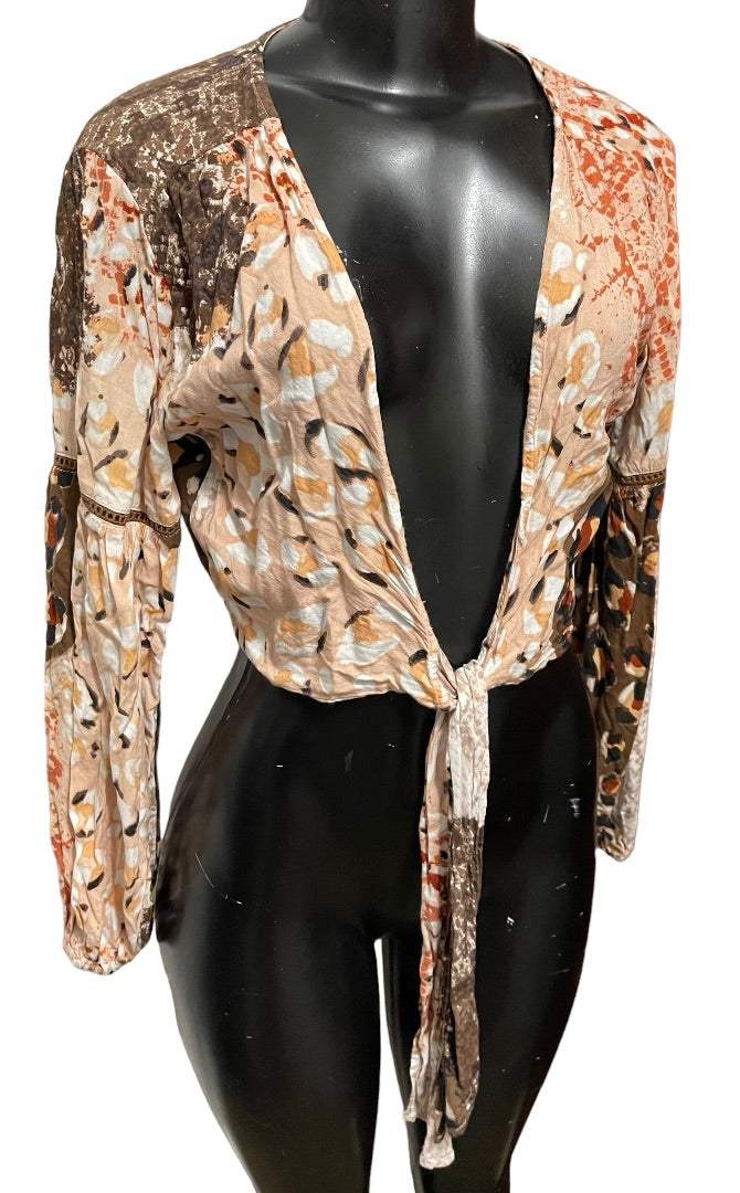 XS Raga Congo Women's Brown Multi Print Tie Front Crop Top Long Sleeve Blouse