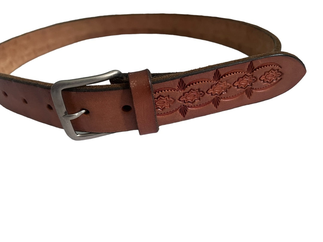 30 Hand Tooled Leather Western Belt Brown Cowboy Anchor Stamped Silver To e Metal Buckle