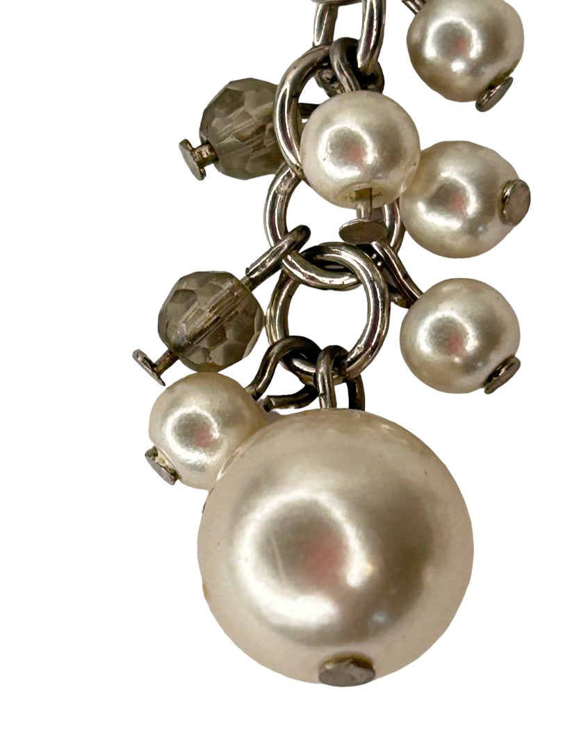 Faux Pearl Gray Crystal Earrings Pierced Hook 1 5/8" Drop Dangle