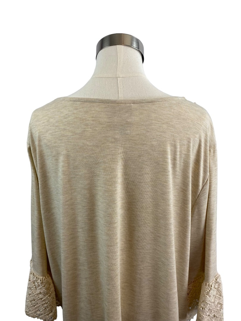 2X Ruby Rd Women's Oatmeal V-Neck Crochet Trim Pullover Top Shirt