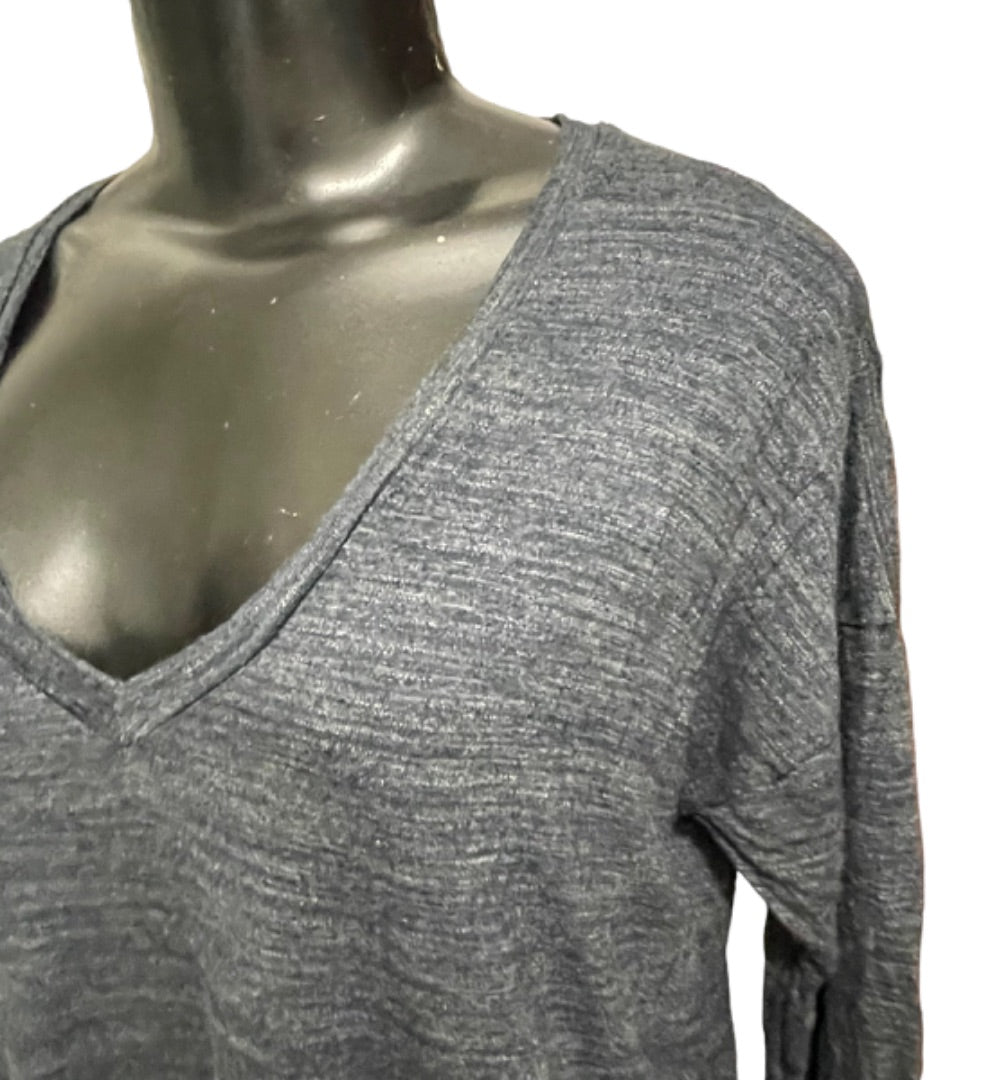 XS Madewell Women's V-Neck Dark Blue Marled Knit Top Side Slits B6005