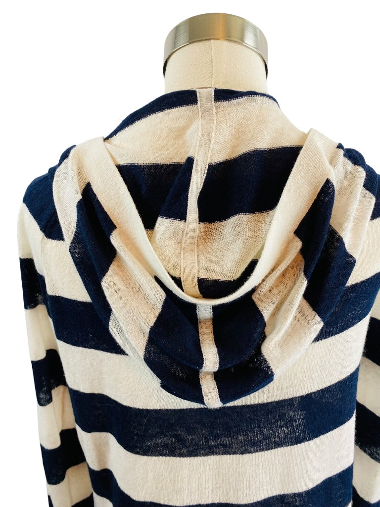 XS LOFT Womens Navy Blue White Striped Linen Blend Sweater Hooded Lightweight