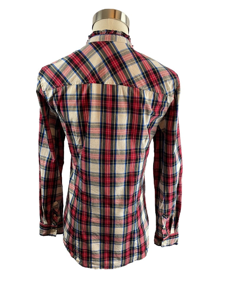 XS J.Crew Womens Plaid Button Up Ruffle Collar Blouse Stretch Cotton