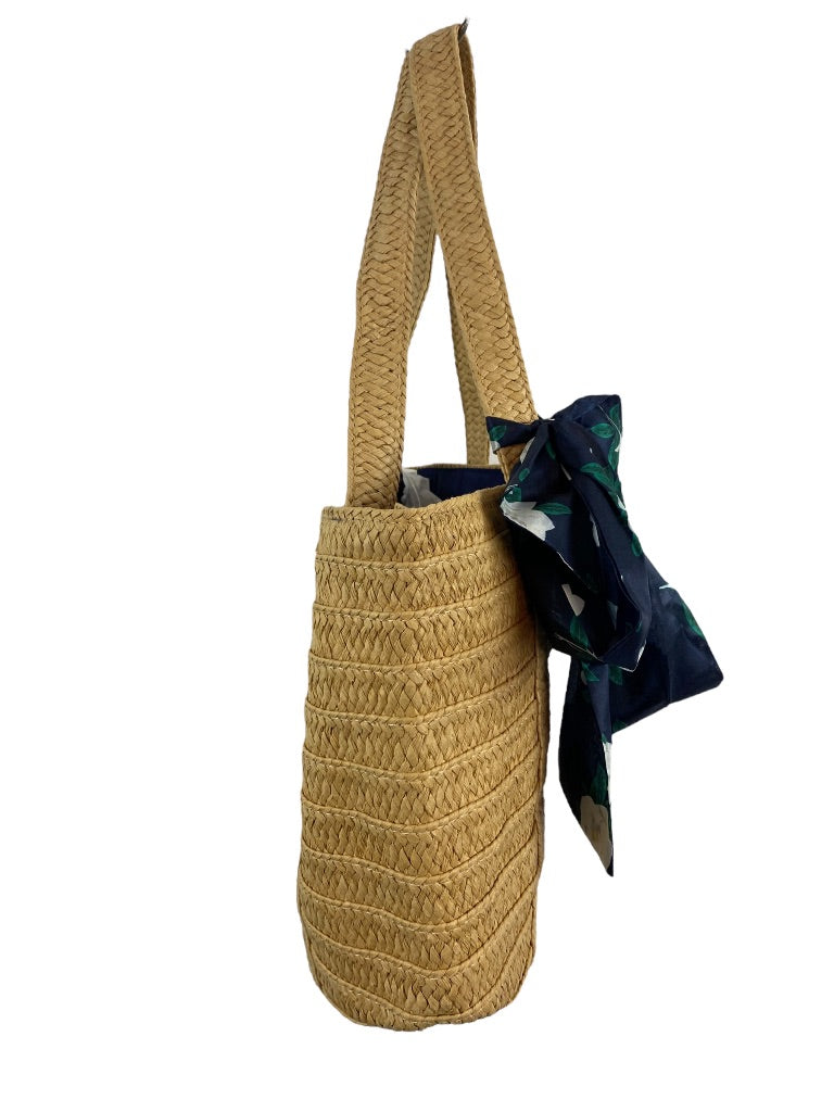 Draper James Lined Straw Tote Handbag Natural Navy Blue Purse Scarf