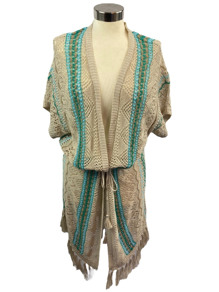 Small Chico's Women's Summer Linen Boho Fringed Loose Knit Cardigan Sweater