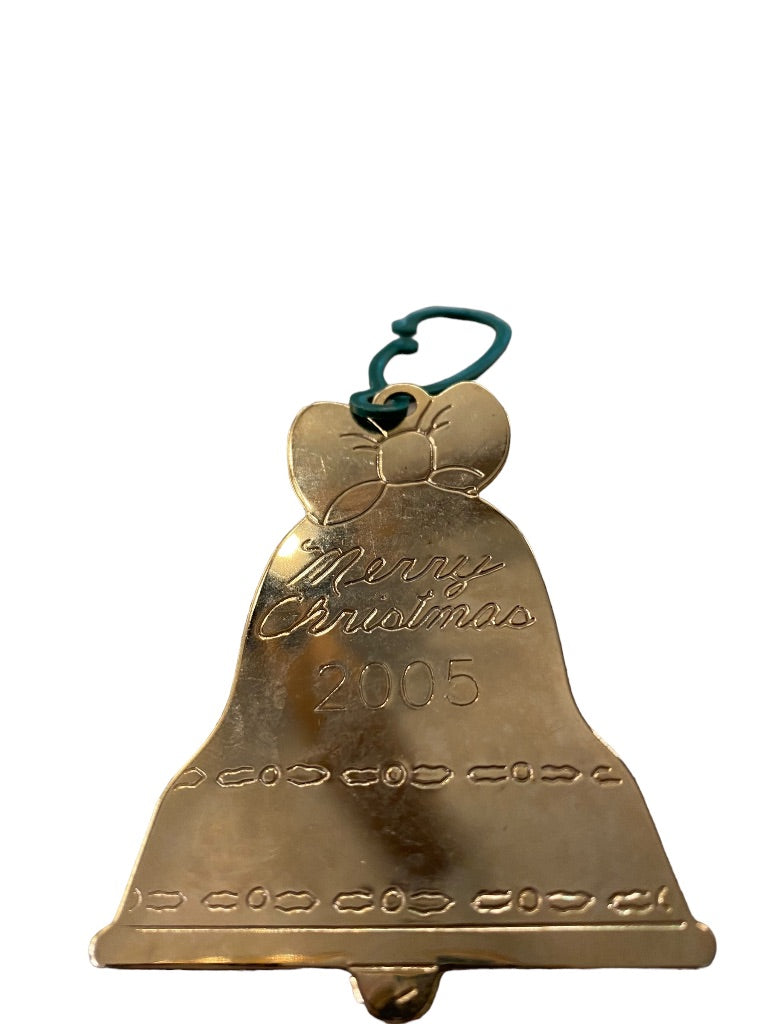2005 Holiday Christmas Bell Ornament Duchin Made in USA 2.5"h Goldtone Flat