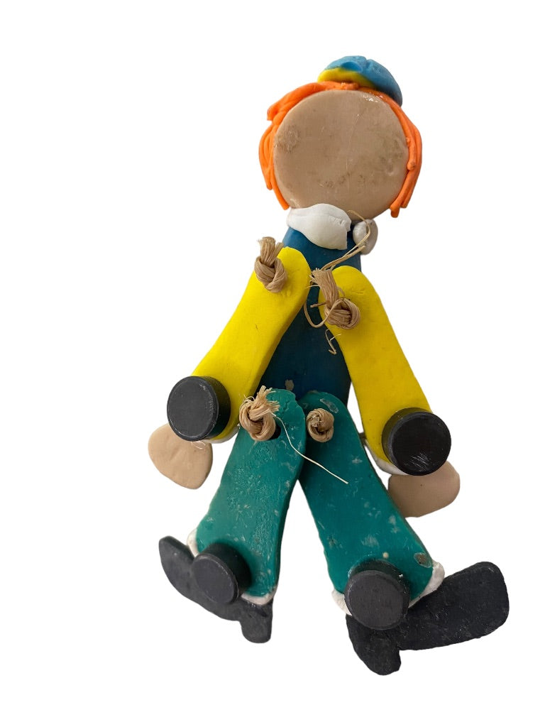 Handmade Clay Clown Articulated Magnet 5" Blue Green Yellow with Cap