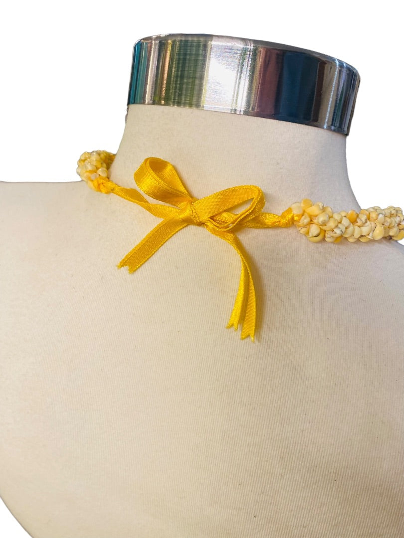 Yellow Cluster Shell Necklace Ribbon Tie Vintage 25" Twist Strand