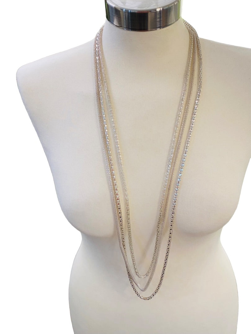 Triple Strand Draped 36" Necklace Silvertone Lightweight Sparkly