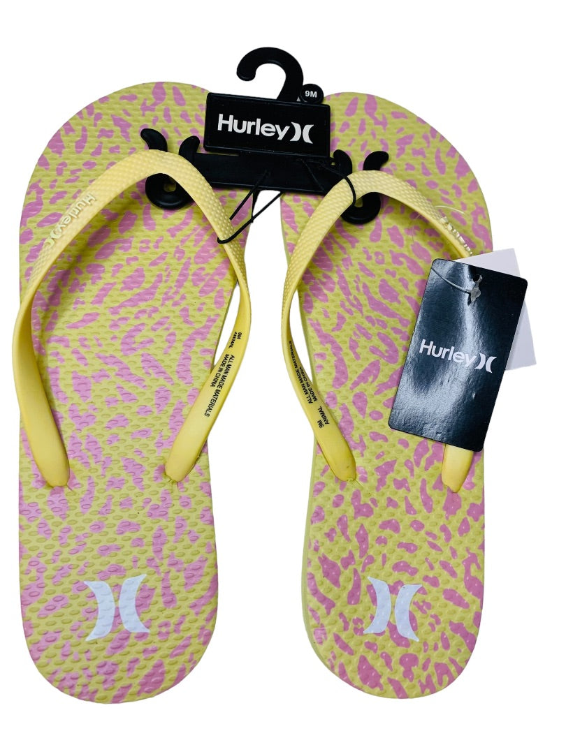 9M Hurley Womens New Animal Flip Flops Yellow Pink Cheetah Sunrise