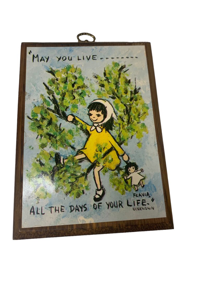1969 Flavia Wall Hanging Wooden Plaque "May You Live . . ." 8.75" x 6.25" Girl Doll