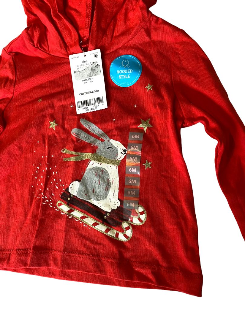 NWT 6M Carter's Hooded Shirt Bunny Sledding Candy Cane Holiday Christmas