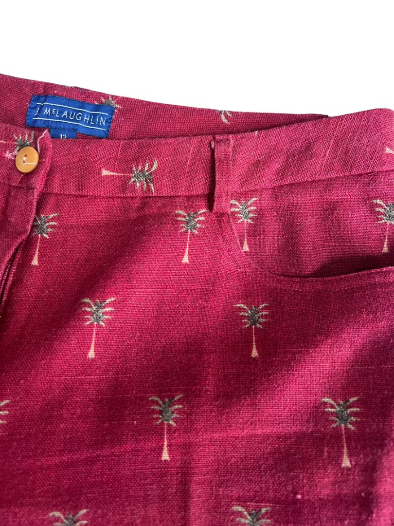 12 J McLaughlin Cotton Maroon Palmetto Tree Linen Style Dress Pants