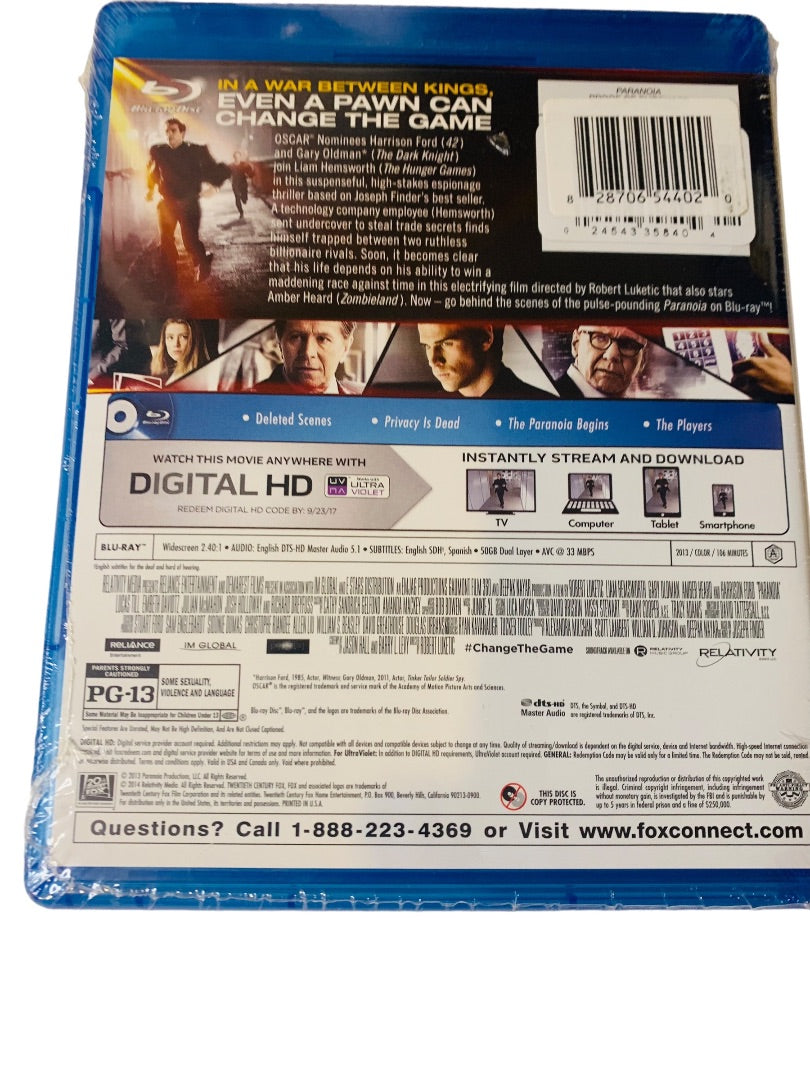 Paranoia Sealed New Blu-Ray Disc Movie Liam Hemsworth Gary Oldman Amber Heard
