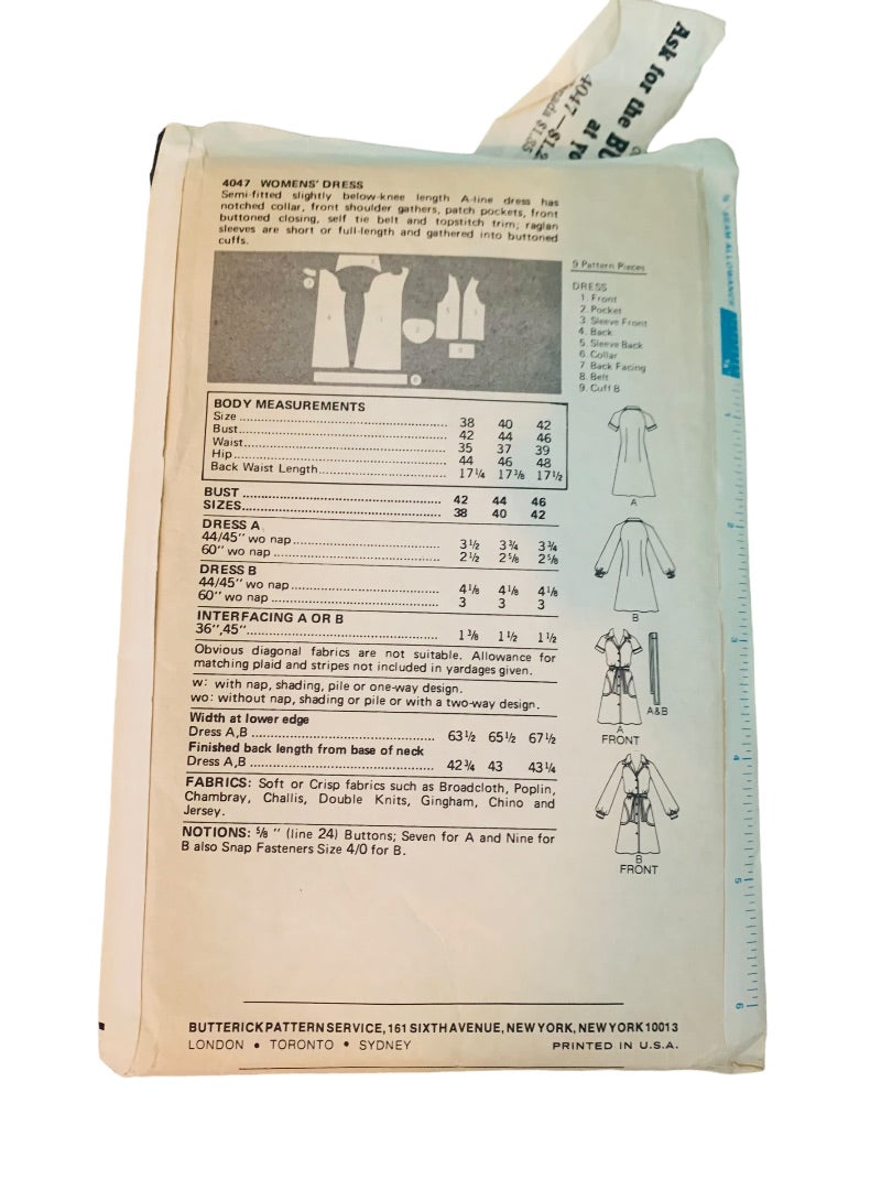 Size 42 Butterick Seams Slimmer 4047 Uncut Pattern Vintage 1970s A-Line Dress