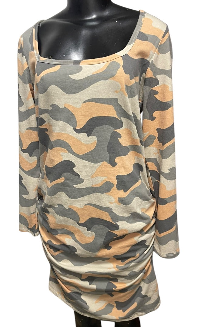 XL Venus Camouflage Long Sleeve Bodycon Dress Ruched Sides