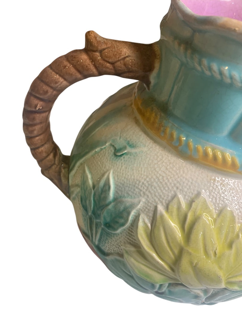 Samuel Lear Majolica Pitcher Water Pond Lily Rope Antique Victorian Chips
