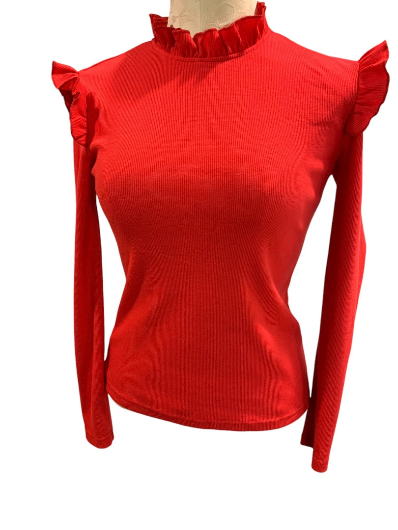 XS Womens Red Ribbed Ruffle Shoulder Shirt Long Sleeve Knit