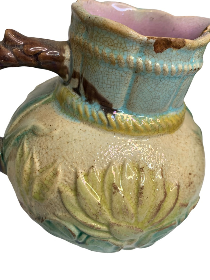Antique Majolica Water Lily Pond Rope Pitcher Pottery 5 Inch