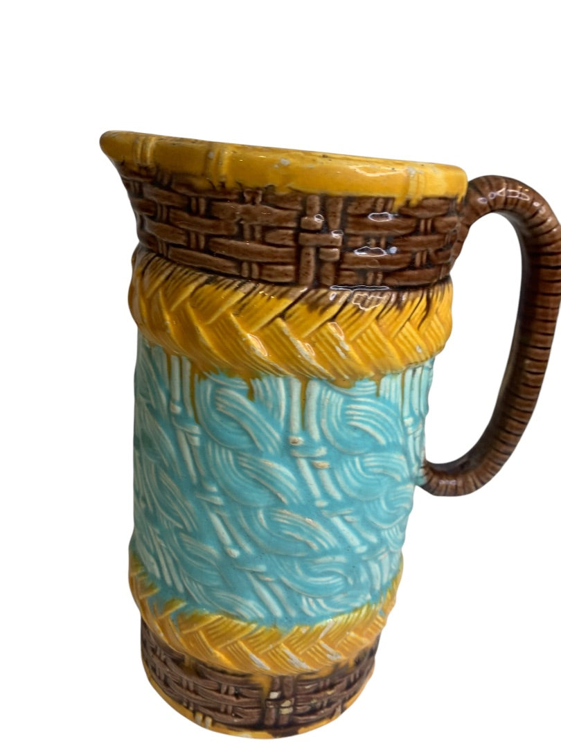 Antique Majolica Basket Weave Cable Pitcher Pottery 7.5 Inch Vibrant